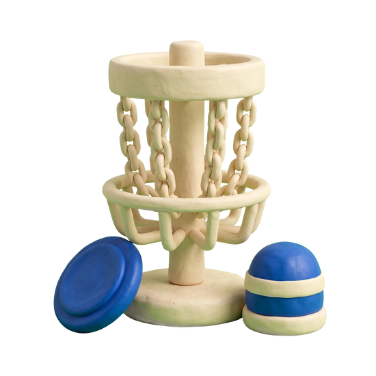 Disc golf course illustration in blue and ivory clay