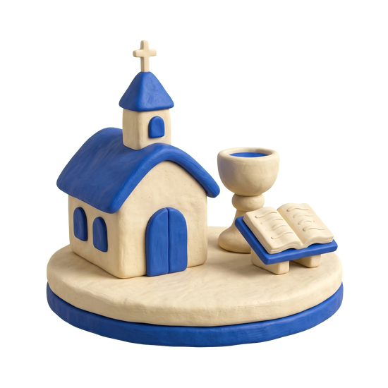 Disciples of Christ Church illustration in blue and ivory clay