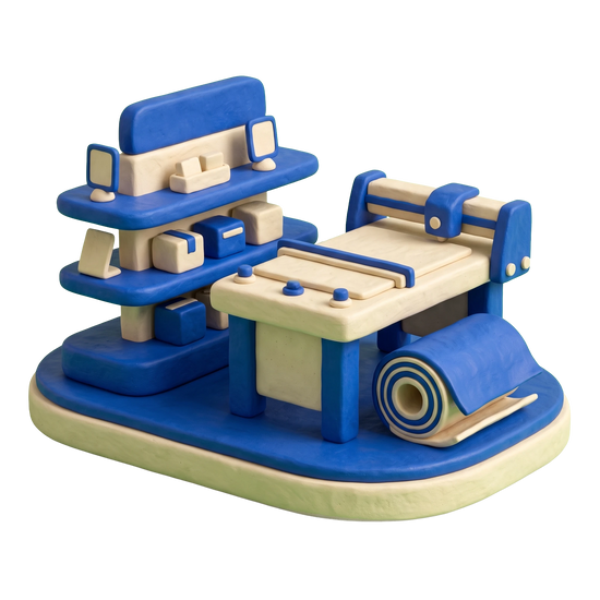 Display stand manufacturer illustration in blue and ivory clay