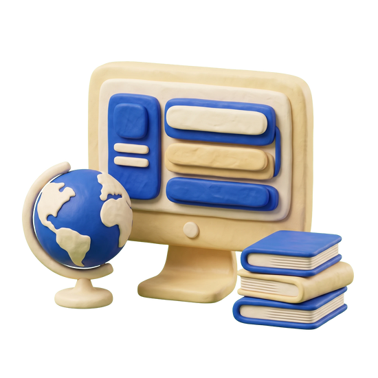 Distance learning center illustration in blue and ivory clay