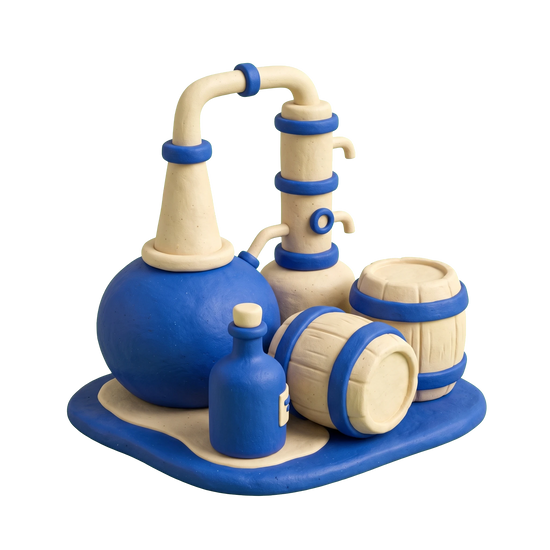 Distillery illustration in blue and ivory clay