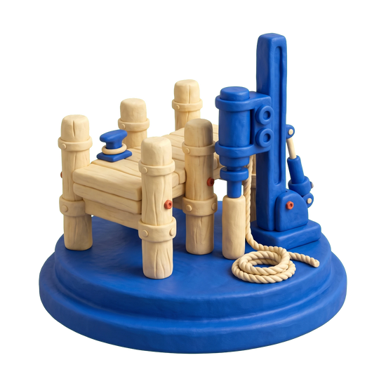 Dock builder illustration in blue and ivory clay