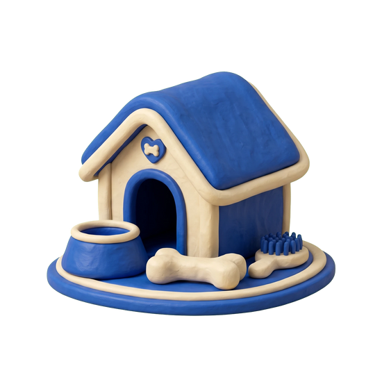Dog day care center illustration in blue and ivory clay