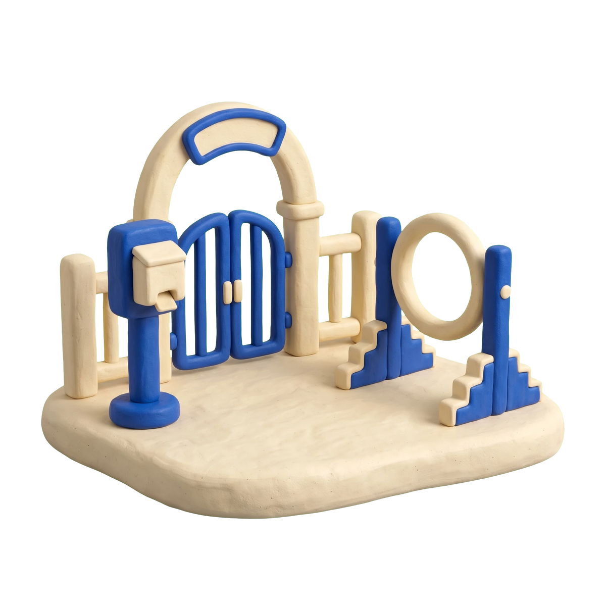 Dog park illustration in blue and ivory clay