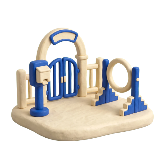 Dog park illustration in blue and ivory clay