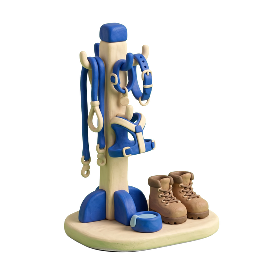 Dog walker illustration in blue and ivory clay