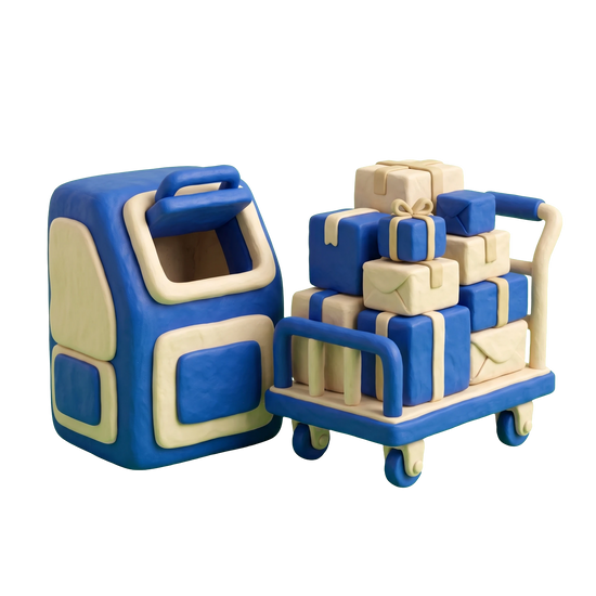 Donations center illustration in blue and ivory clay