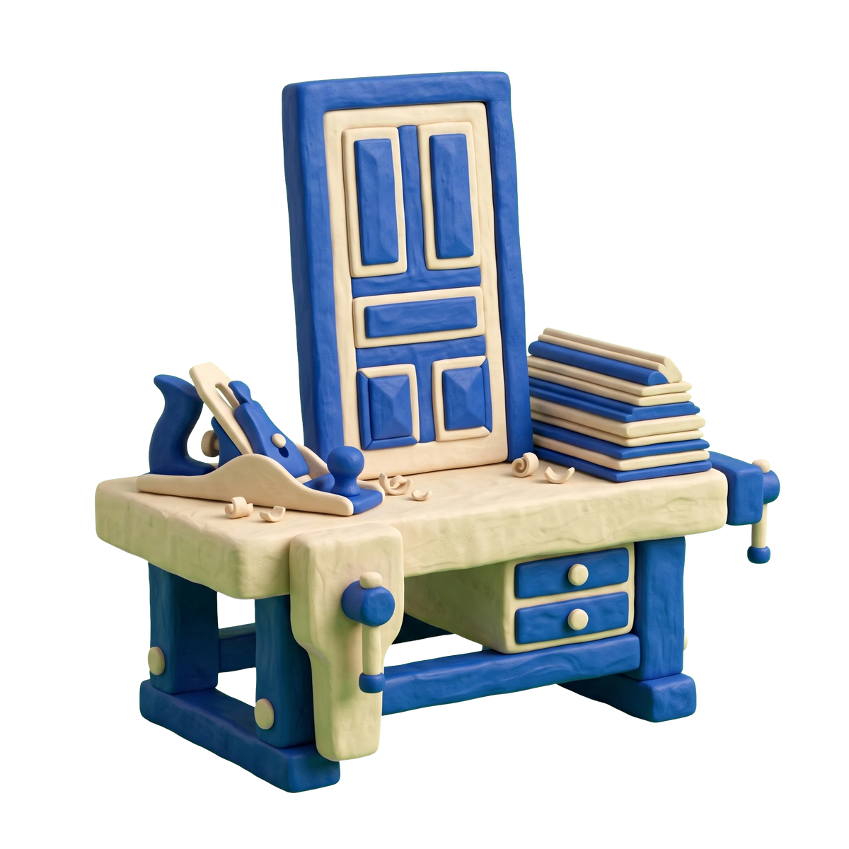 Door manufacturer illustration in blue and ivory clay
