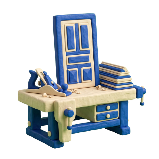 Door manufacturer illustration in blue and ivory clay