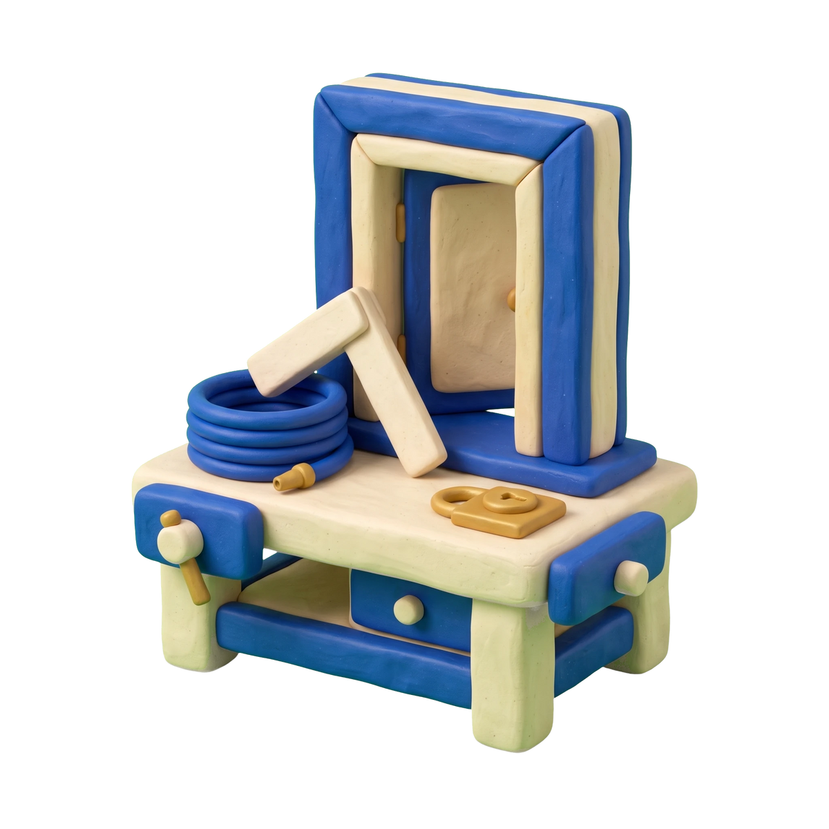 Door shop illustration in blue and ivory clay