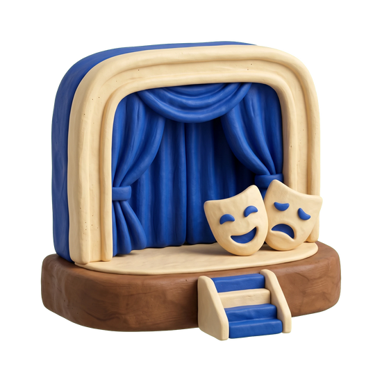 Drama school illustration in blue and ivory clay