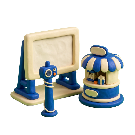 Drive-in movie theater illustration in blue and ivory clay