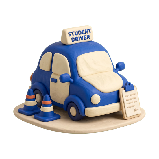 Drivers license training school illustration in blue and ivory clay