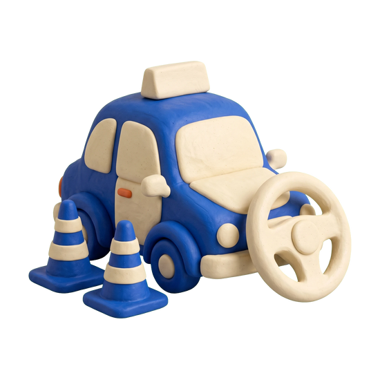 Driving school illustration in blue and ivory clay