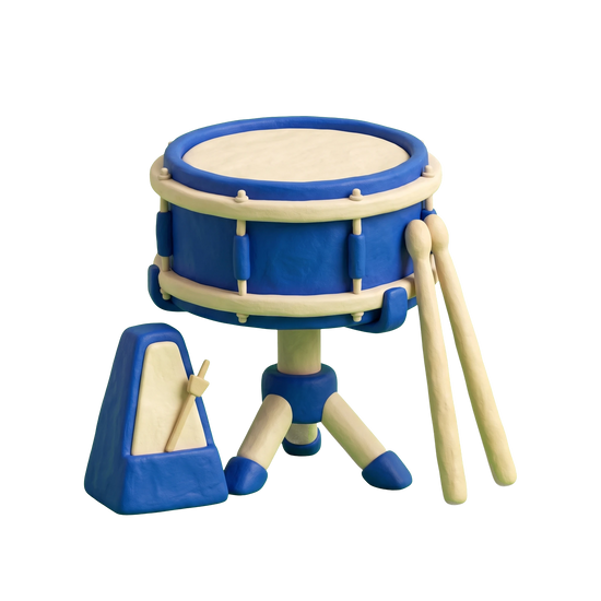 Drum school illustration in blue and ivory clay