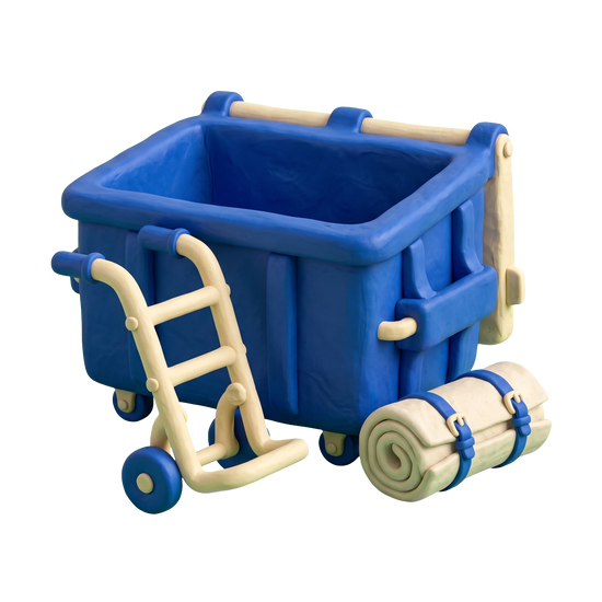 Dumpster rental service illustration in blue and ivory clay