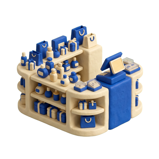 Duty free store illustration in blue and ivory clay