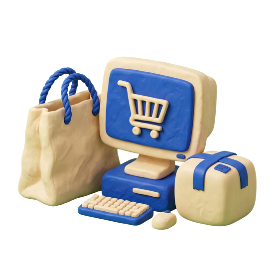 E commerce agency illustration in blue and ivory clay