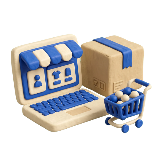 E-commerce service illustration in blue and ivory clay