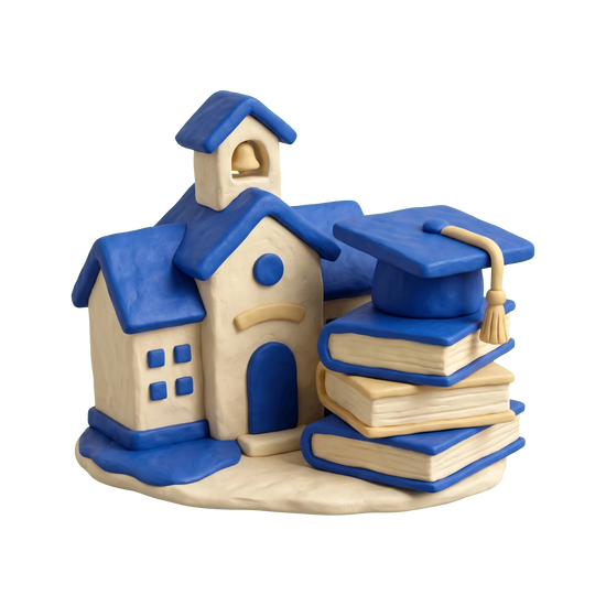 Educational institution illustration in blue and ivory clay