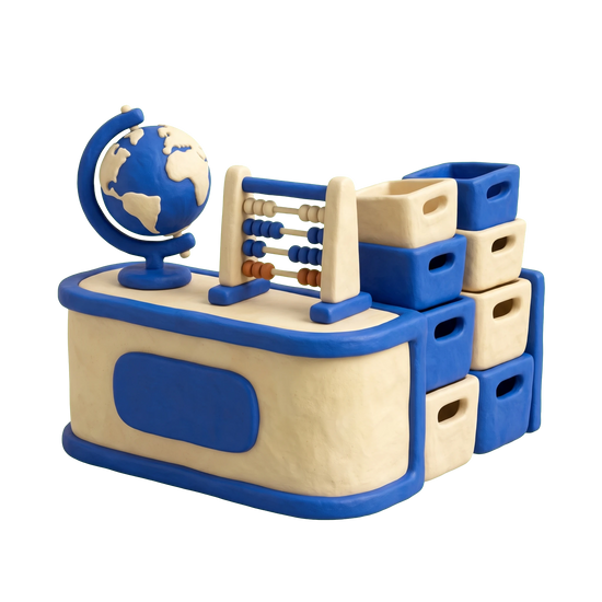 Educational supply store illustration in blue and ivory clay