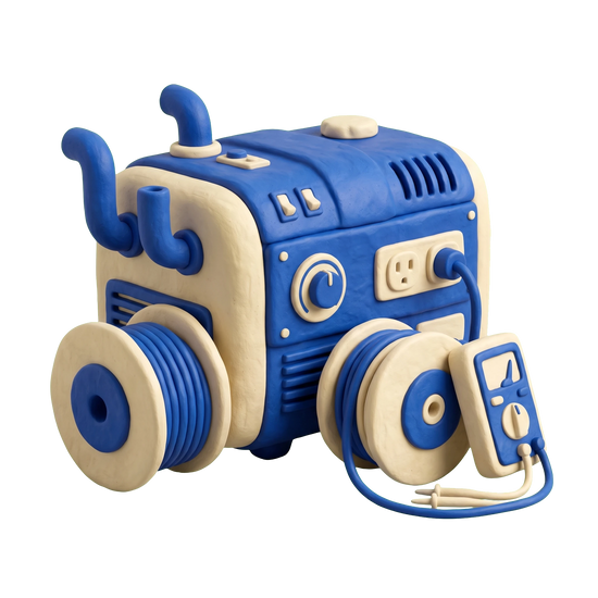 Electric generator shop illustration in blue and ivory clay