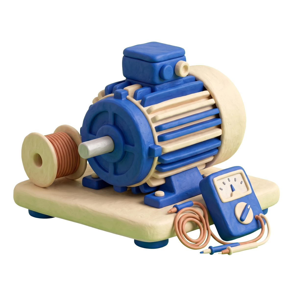 Electric motor repair shop illustration in blue and ivory clay