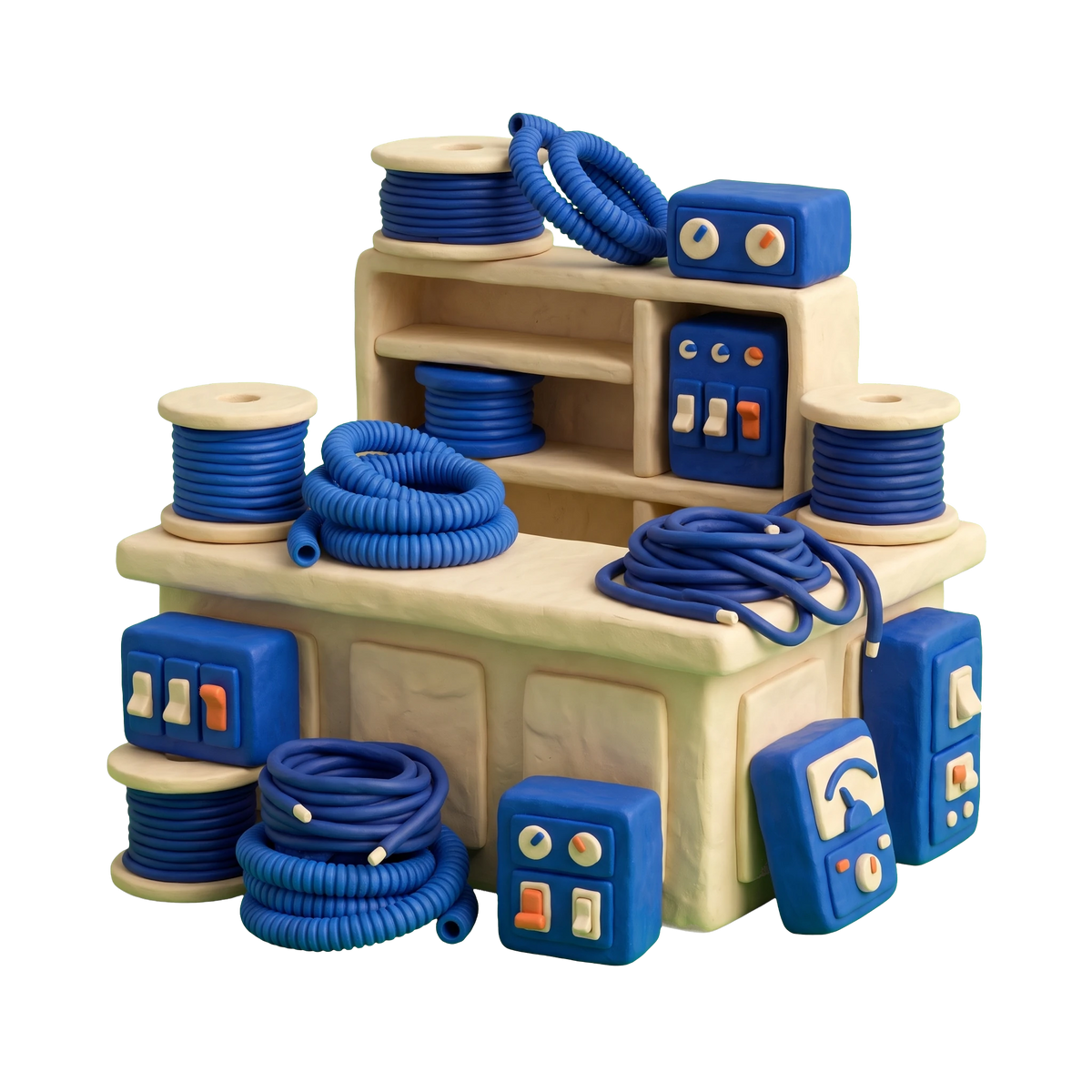 Electrical supply store illustration in blue and ivory clay