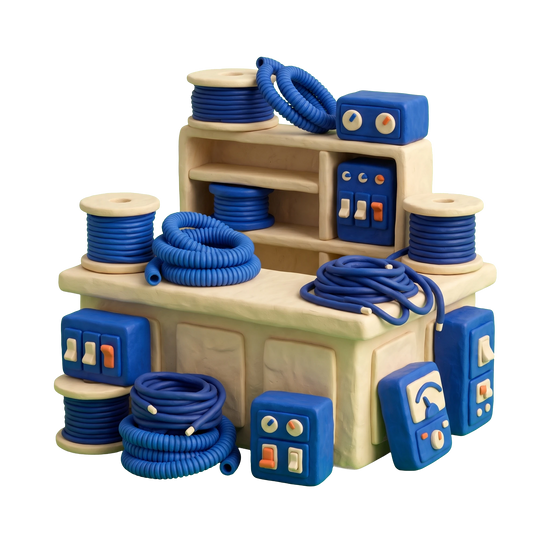 Electrical supply store illustration in blue and ivory clay