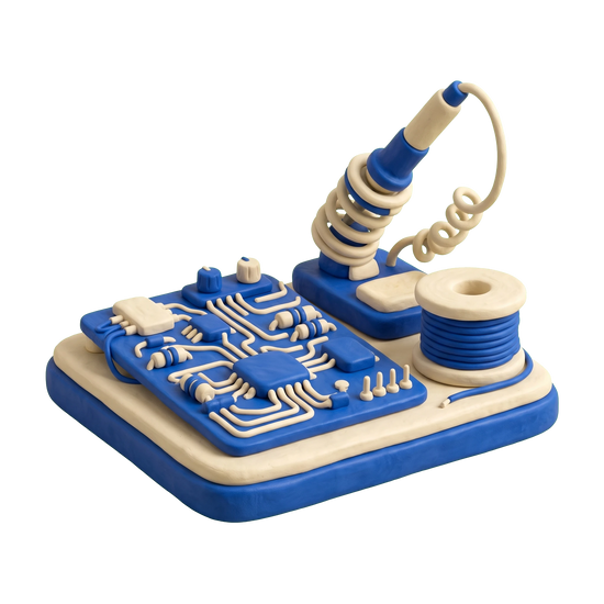 Electronics manufacturer illustration in blue and ivory clay