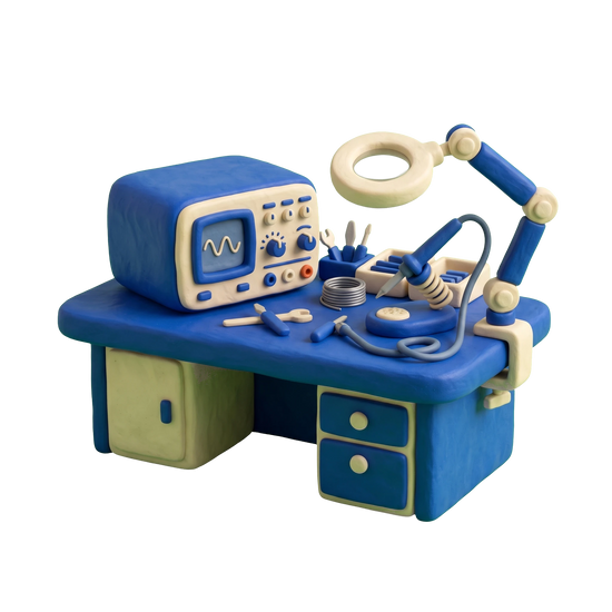 Electronics repair shop illustration in blue and ivory clay