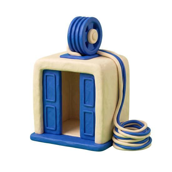 Elevator manufacturer illustration in blue and ivory clay