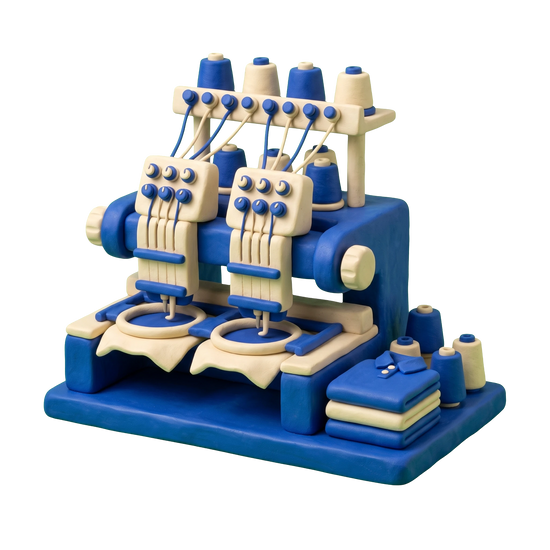 Embroidery service illustration in blue and ivory clay