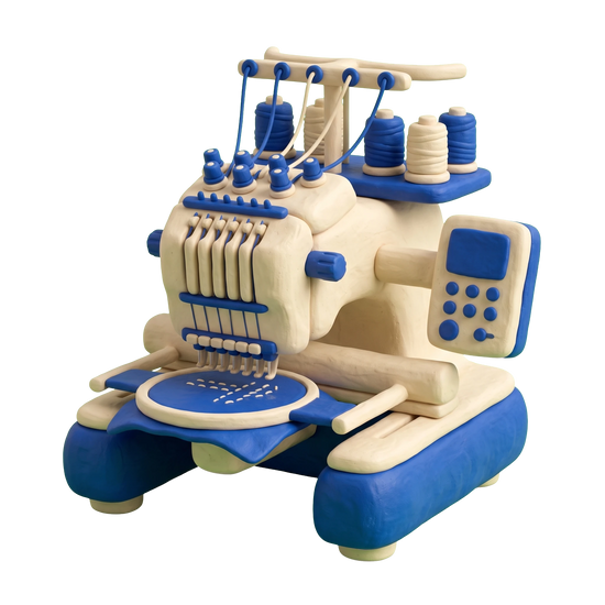 Embroidery shop illustration in blue and ivory clay