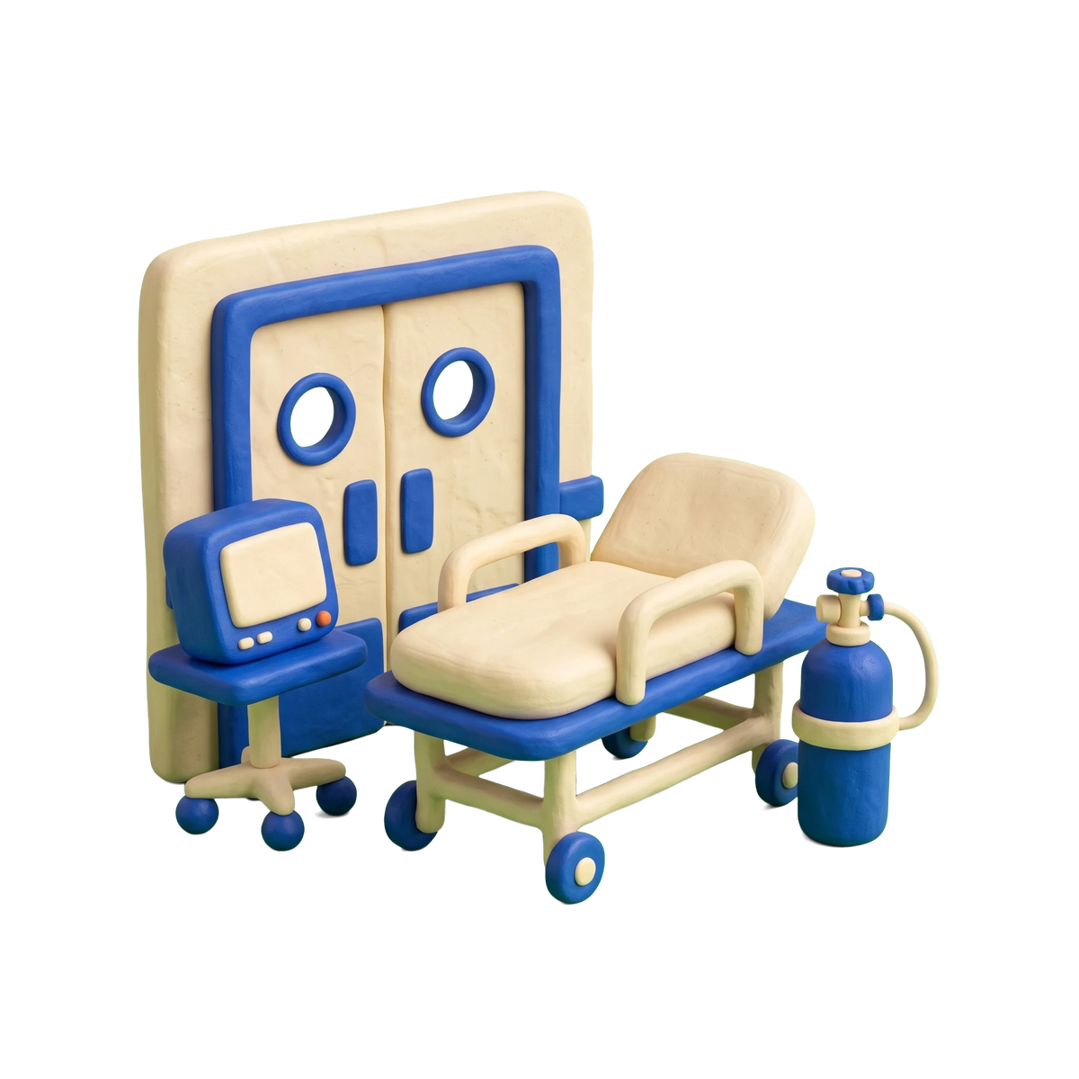 Emergency room illustration in blue and ivory clay