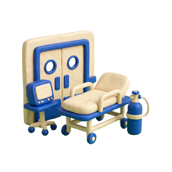 Emergency room illustration in blue and ivory clay