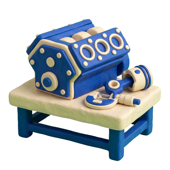 Engine rebuilding service illustration in blue and ivory clay