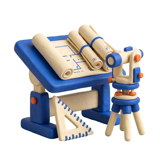 Engineer illustration in blue and ivory clay