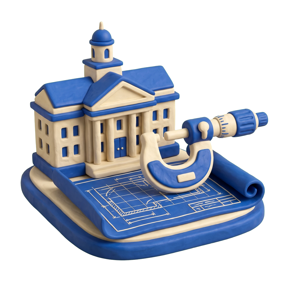Engineering school illustration in blue and ivory clay