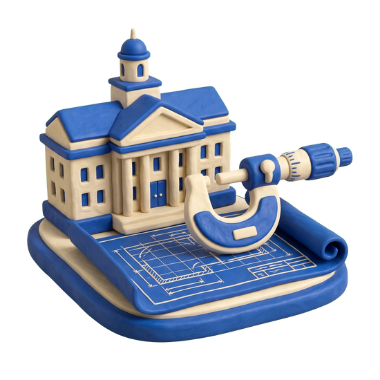 Engineering school illustration in blue and ivory clay