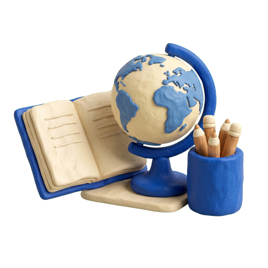 English language school illustration in blue and ivory clay