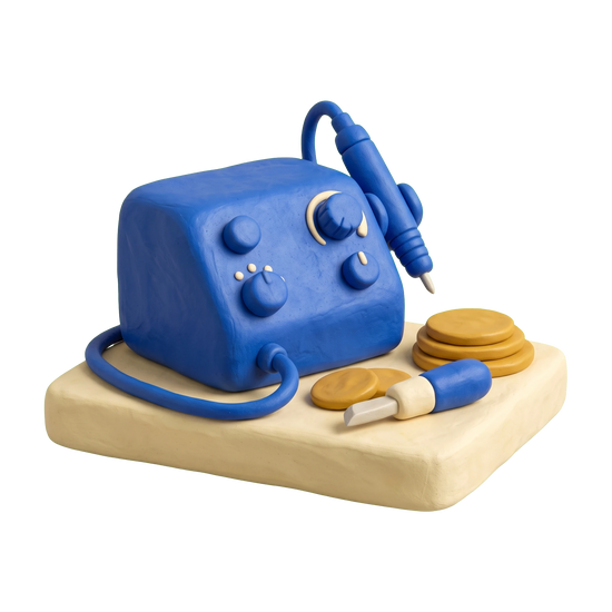 Engraver illustration in blue and ivory clay
