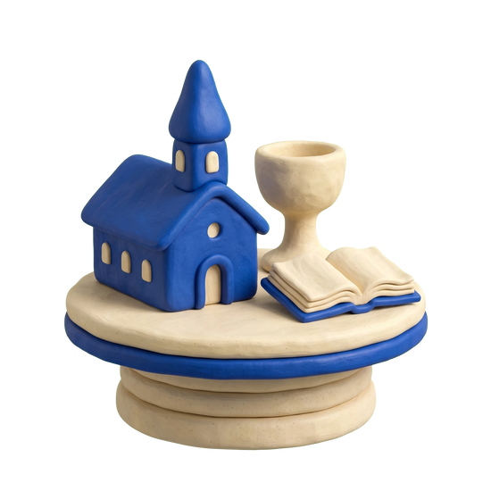 Episcopal church illustration in blue and ivory clay