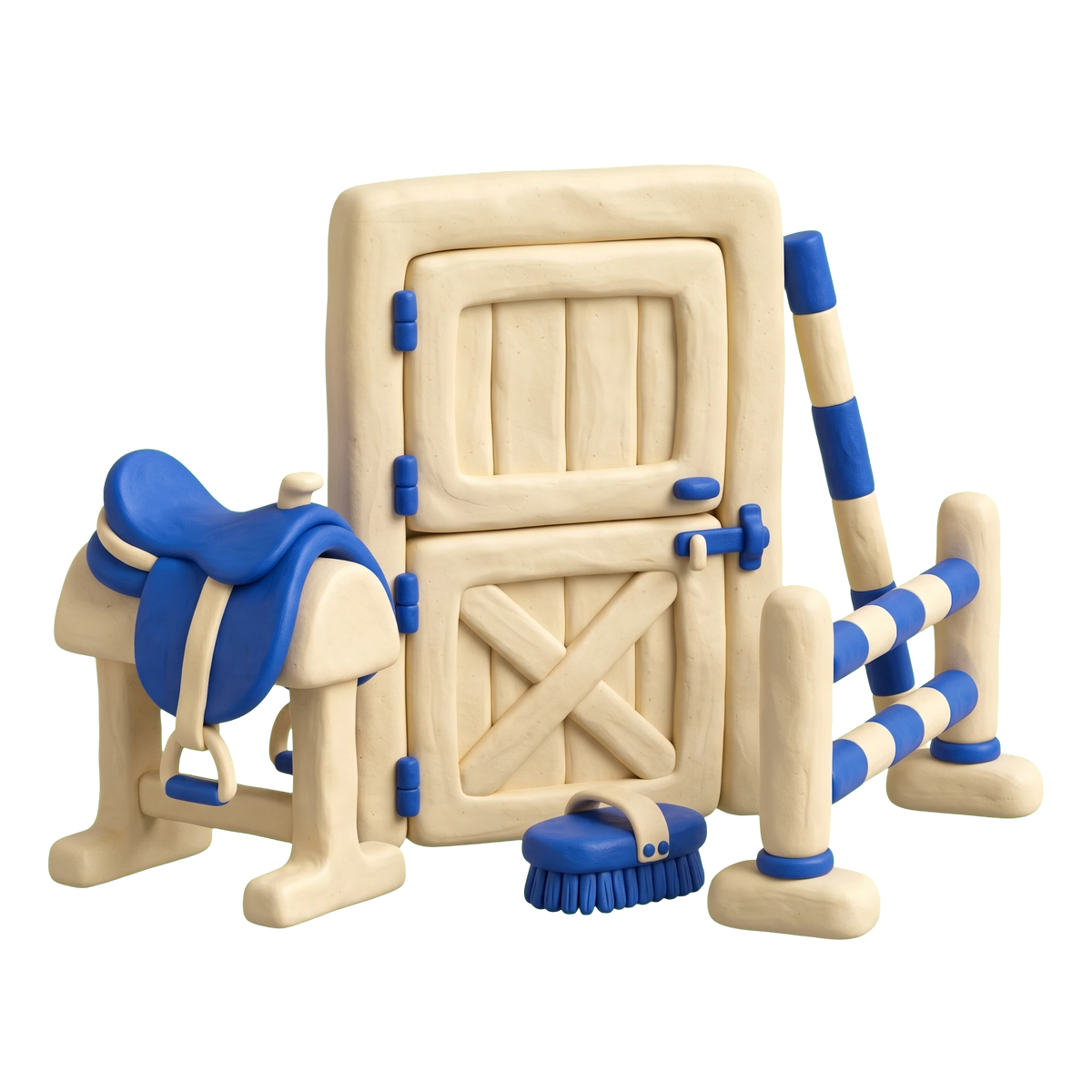 Equestrian facility illustration in blue and ivory clay