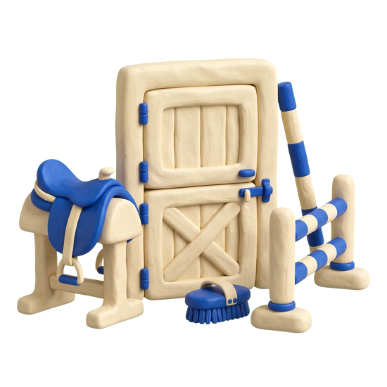 Equestrian facility illustration in blue and ivory clay