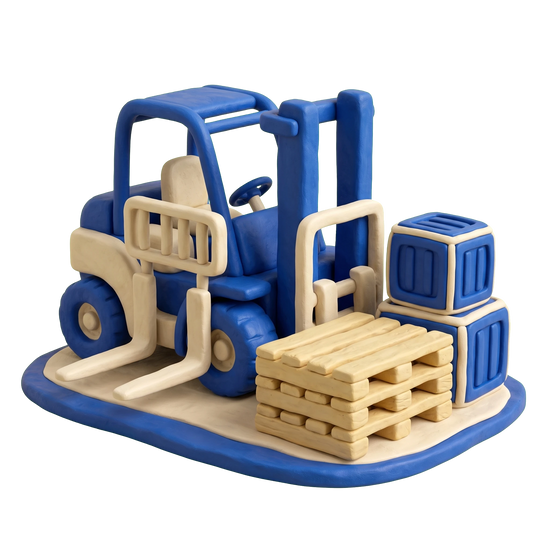 Equipment supplier illustration in blue and ivory clay