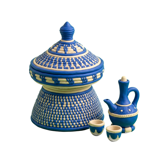 Ethiopian restaurant illustration in blue and ivory clay