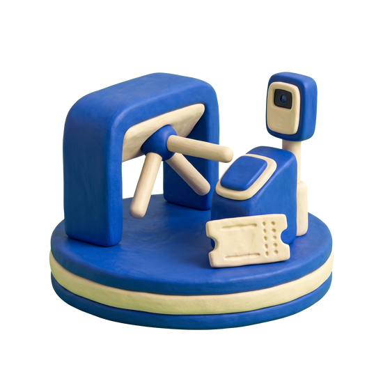 Event ticket seller illustration in blue and ivory clay