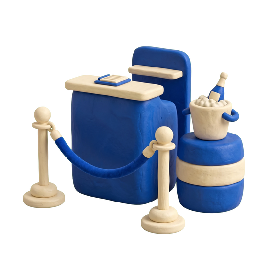 Event venue illustration in blue and ivory clay