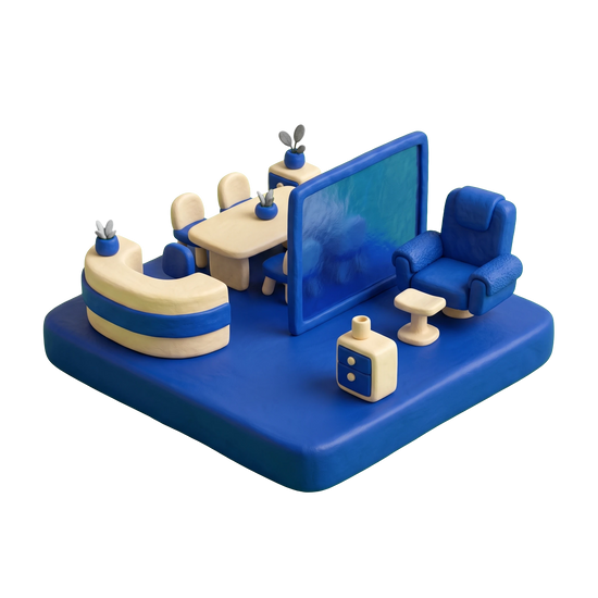 Executive suite rental agency illustration in blue and ivory clay